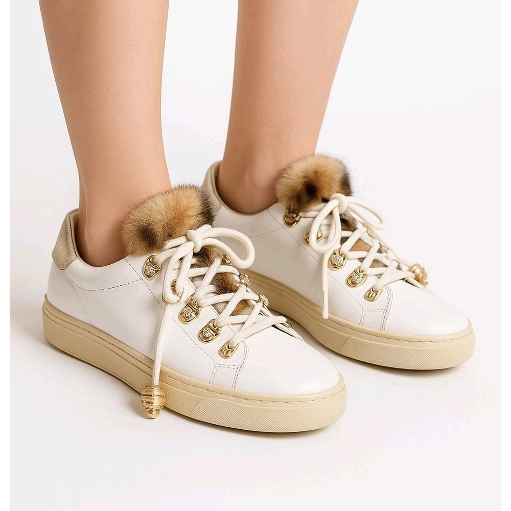 Tod's Ganci 36.5 Mink Fur White Leather Sneakers w/ Tassel Laces & Diamond Studs